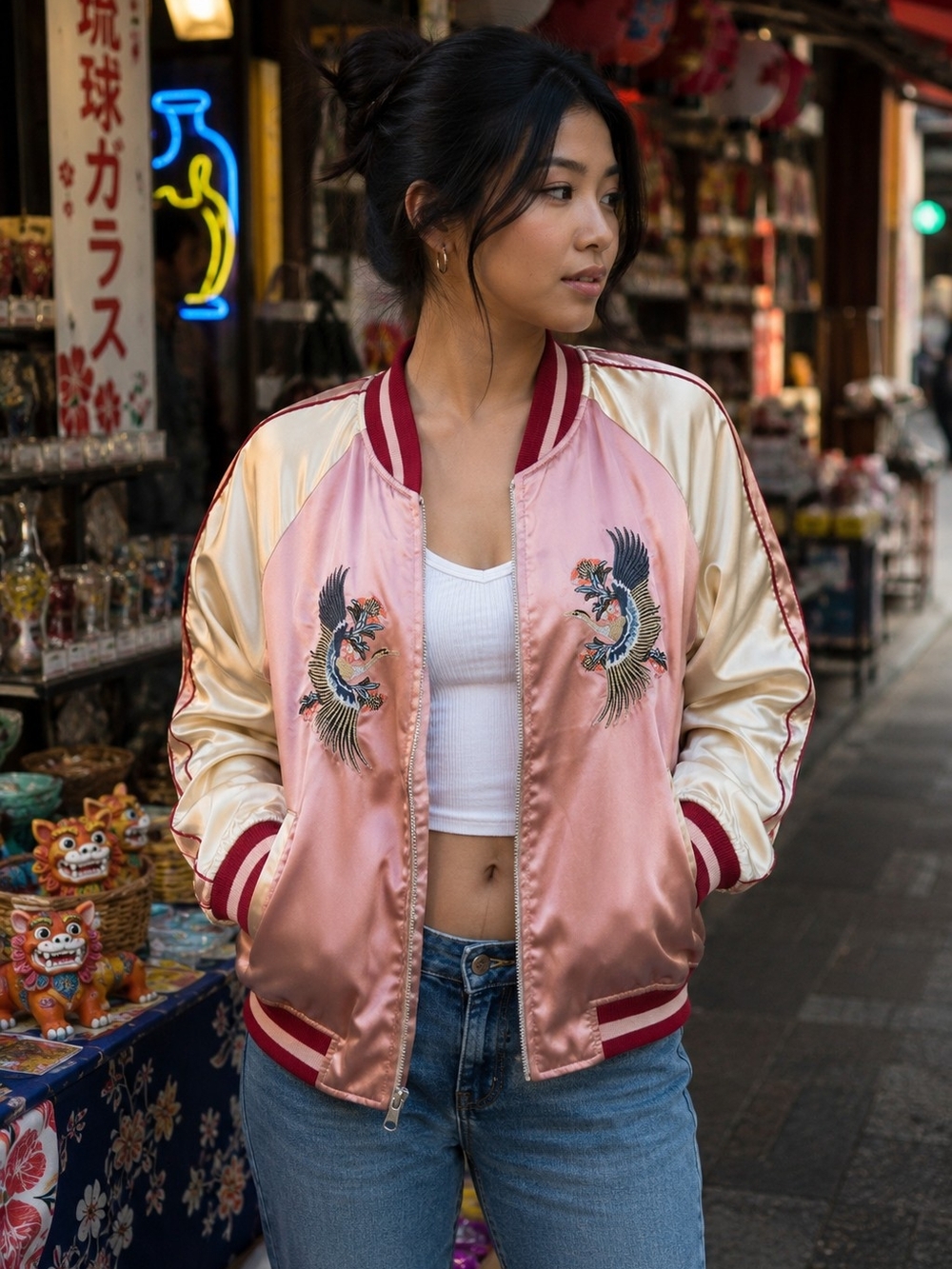 Reversible Japan Sukajan Satin Bomber Jacket Crane Tiger Embroidered Womens M